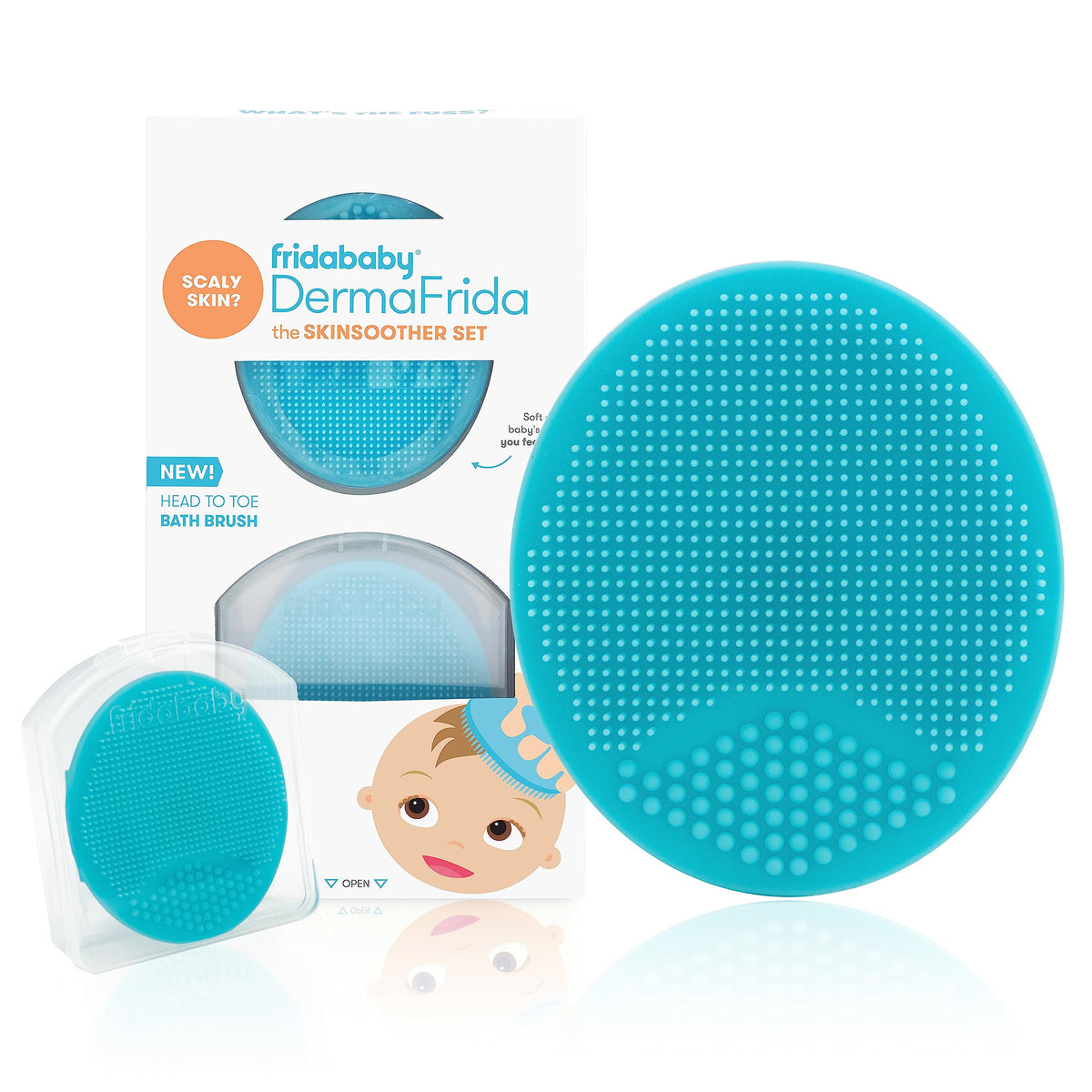 Frida cepillo SkinSoother frontal mostrando el paquete y beneficios de limpieza