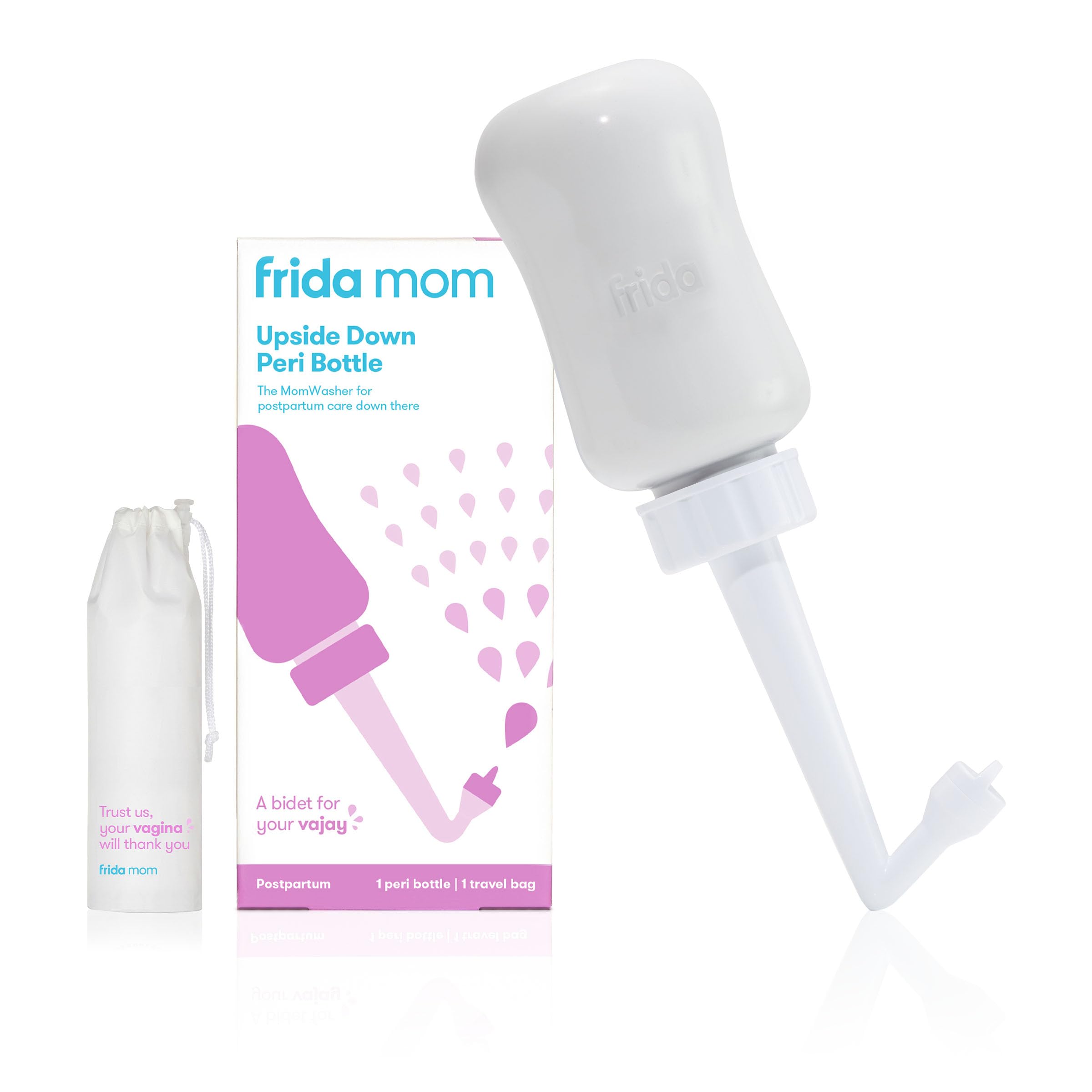 Frida Mom vista frontal del bidé portátil gris, limpieza cómoda