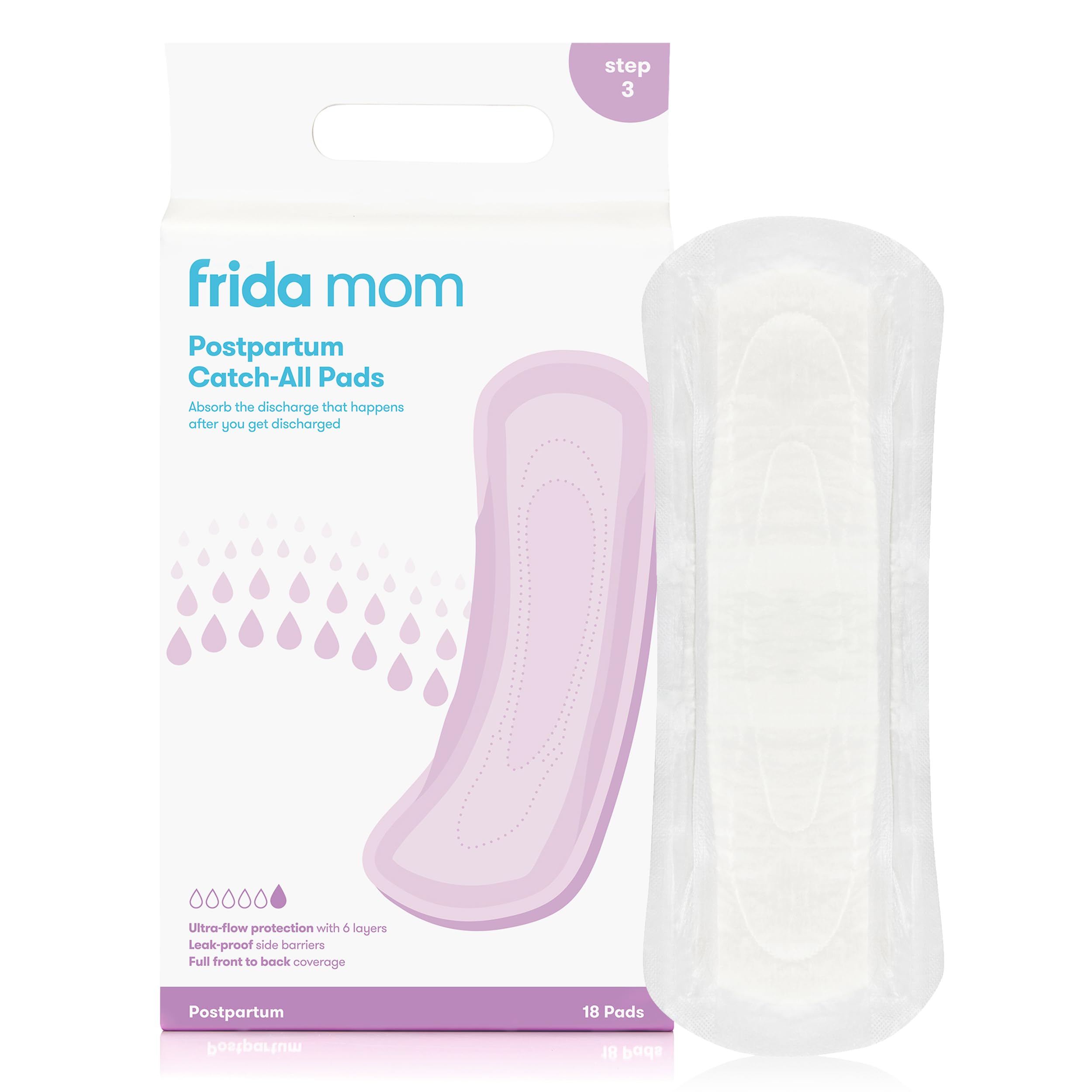 Frida Mom empaque frontal mostrando paquete de 18 toallas, protección confiable