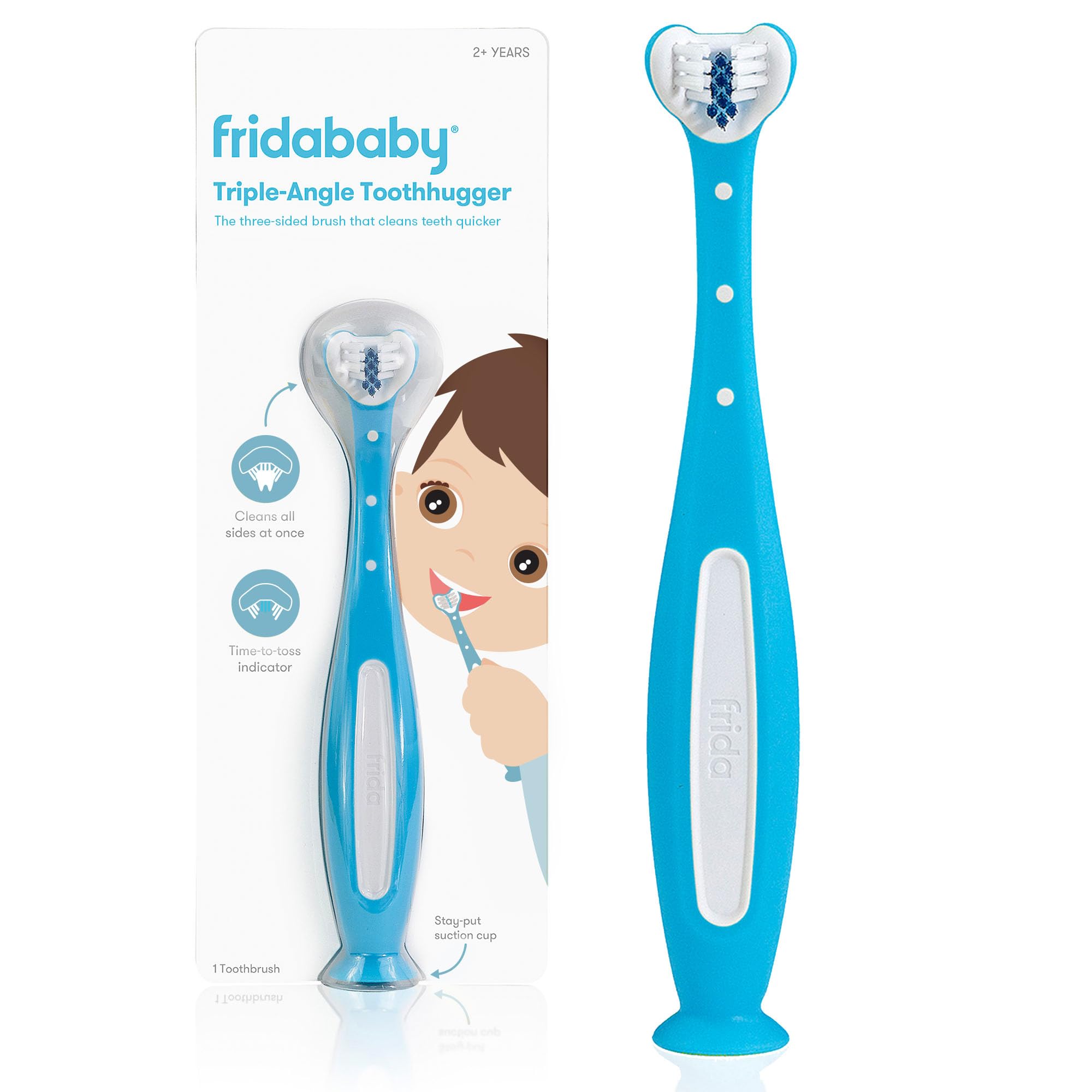 Frida Toothhugger vista frontal del empaque mostrando el cepillo azul y beneficios
