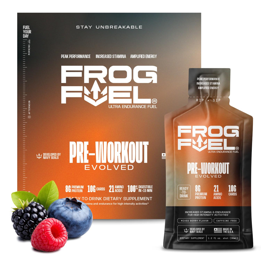 Frog Fuel frontal del empaque berry con diseño y beneficios visibles