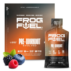 Frog Fuel frontal del empaque berry con diseño y beneficios visibles