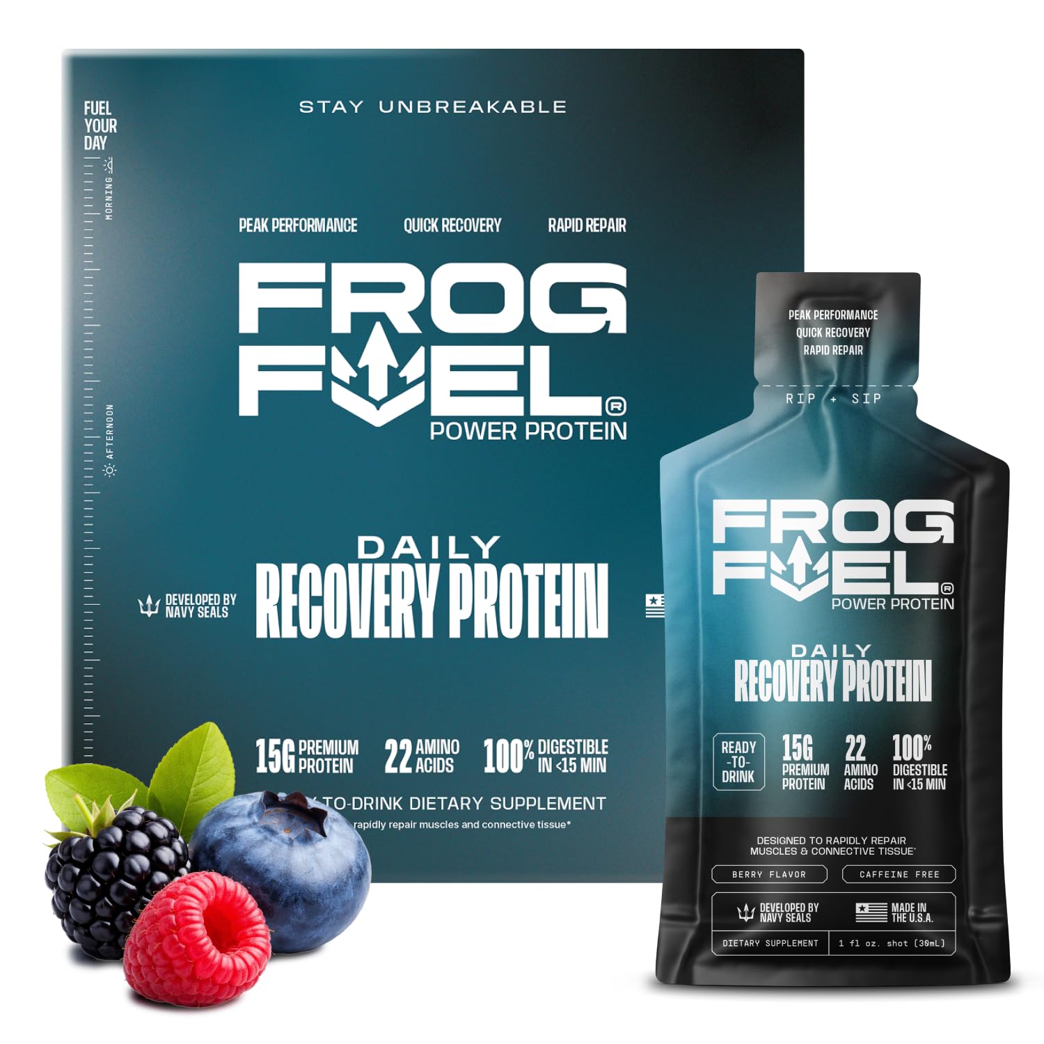 Frog Fuel shot frontal del sobre mostrando el diseño y el beneficio de fácil consumo