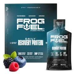 Frog Fuel shot frontal del sobre mostrando el diseño y el beneficio de fácil consumo