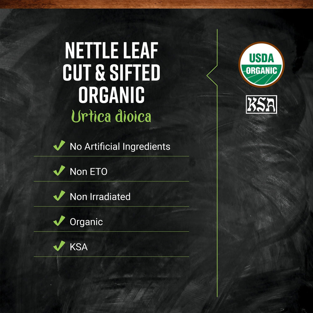 Primer plano de textura de hojas de ortiga cortadas Frontier Co-op, ideal para infusiones