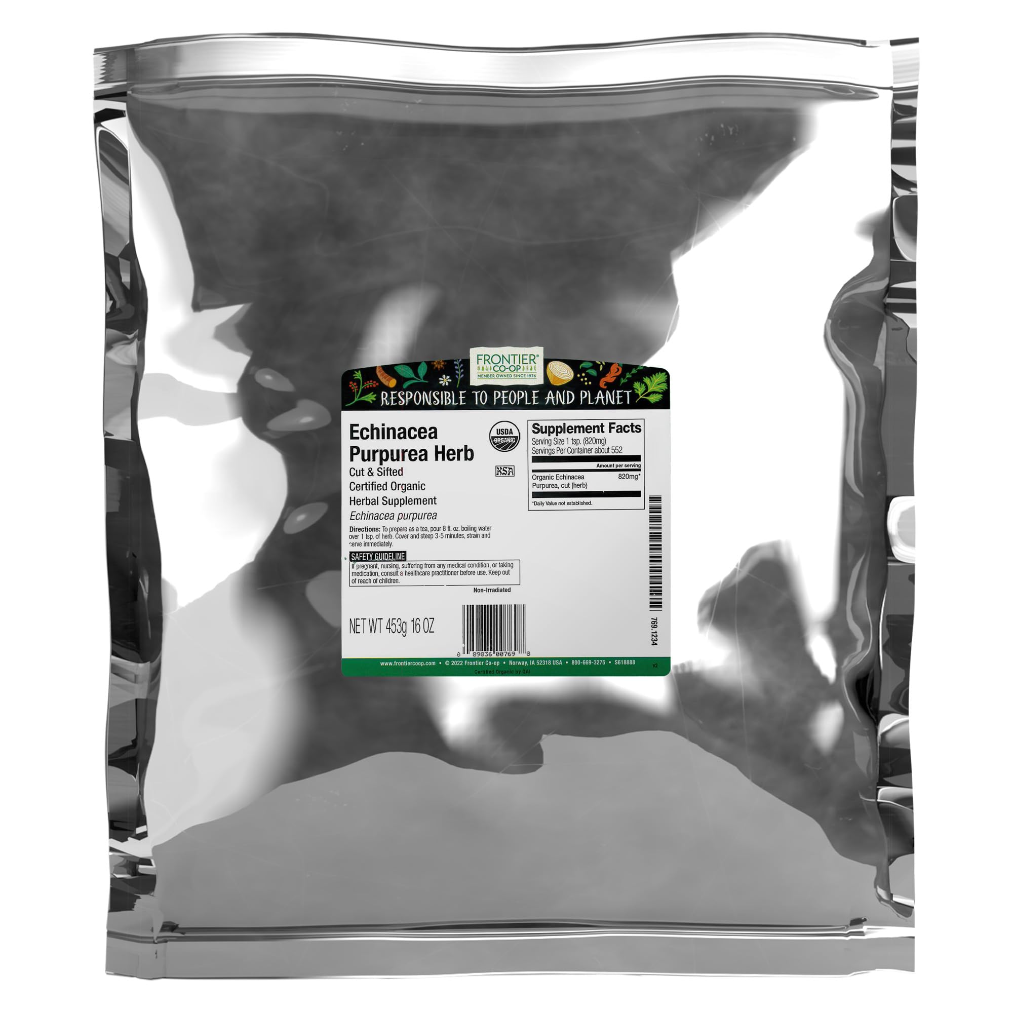 Frontier Co-op empaque frontal de Echinacea Purpurea orgánica mostrando información y beneficio de calidad