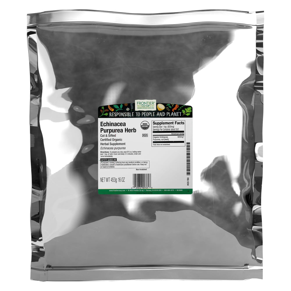 Frontier Co-op empaque frontal de Echinacea Purpurea orgánica mostrando información y beneficio de calidad