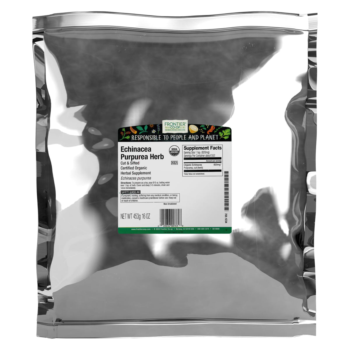 Frontier Co-op empaque frontal de Echinacea Purpurea orgánica mostrando información y beneficio de calidad