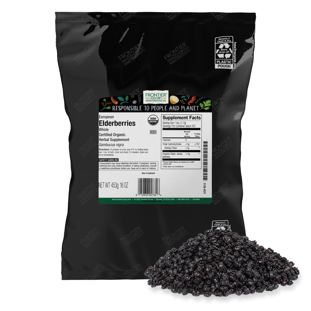 Frontier Co-op empaque frontal de elderberries orgánicas mostrando presentación clara