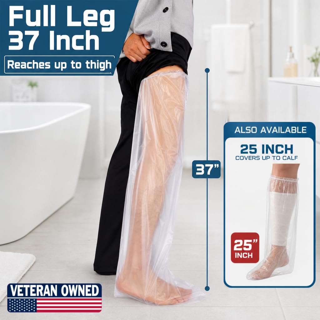 FRONTLINE funda en uso en ducha protegiendo yeso y manteniendo seca la pierna