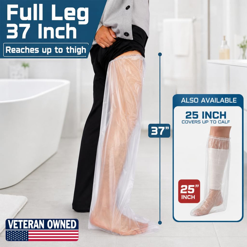 FRONTLINE funda en uso en ducha protegiendo yeso y manteniendo seca la pierna