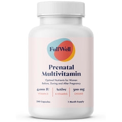 FullWell envase frontal del multivitamínico prenatal mostrando marca y presentación, confianza visual