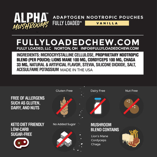 Fully Loaded Alpha Mushrooms primer plano del pouch destacando la textura y facilidad