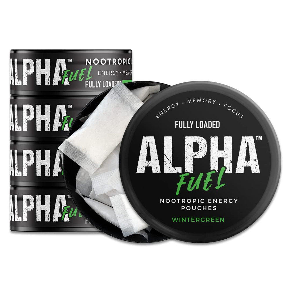 Fully Loaded Alpha Fuel frente de lata muestra sabor wintergreen y conveniencia