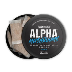 Fully Loaded Alpha Mushrooms ingredientes en cuenco que muestran Lion's Mane, Cordyceps y Chaga
