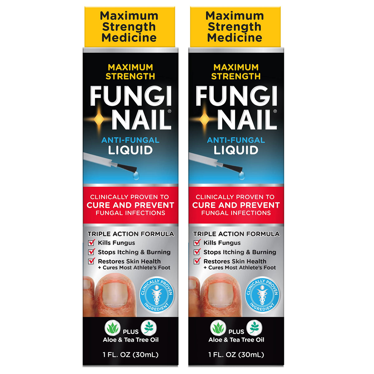 Fungi-Nail frente del pack mostrando dos frascos y aplicador, beneficio conveniencia