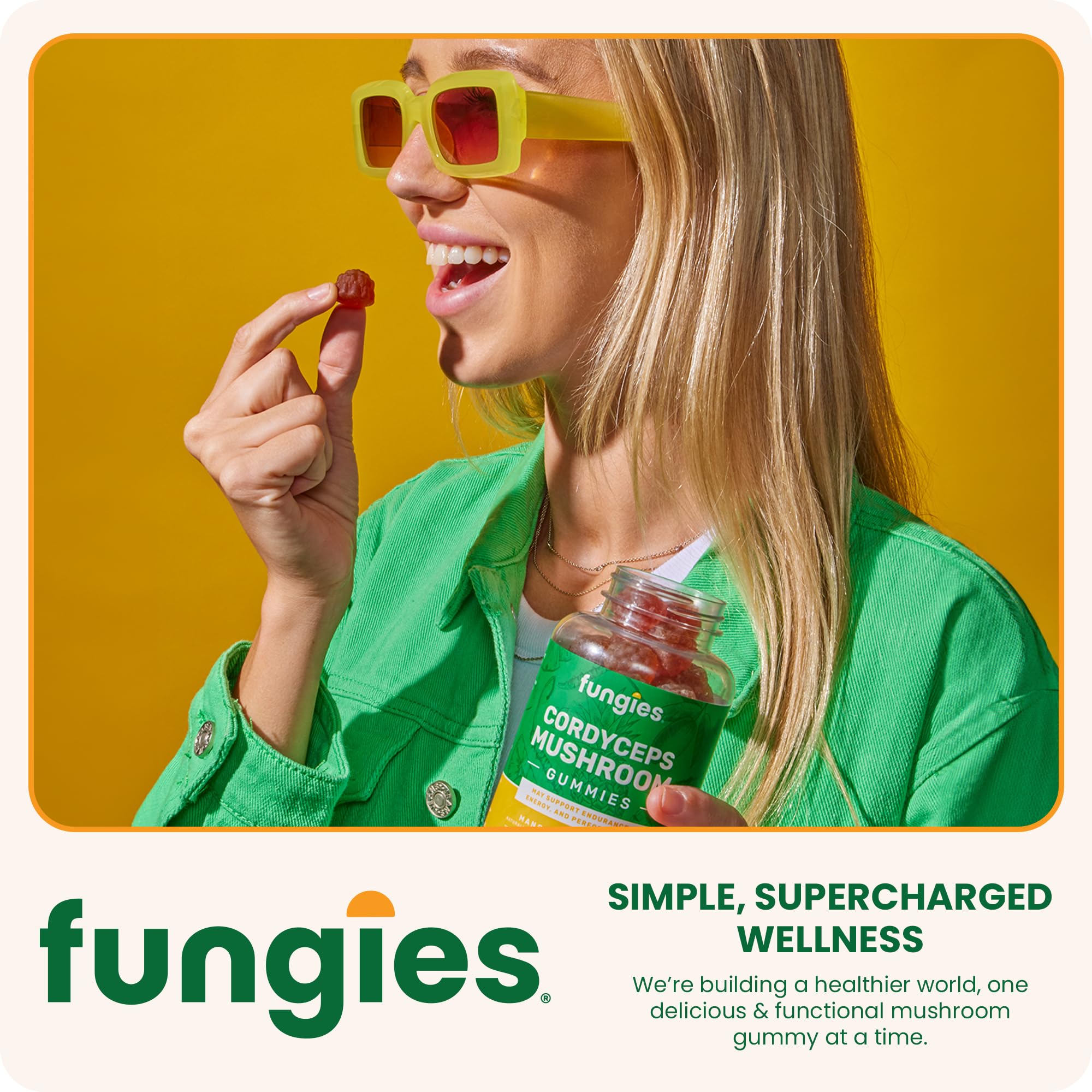 Envase Fungies abierto con gomitas visibles, facilidad de acceso diario