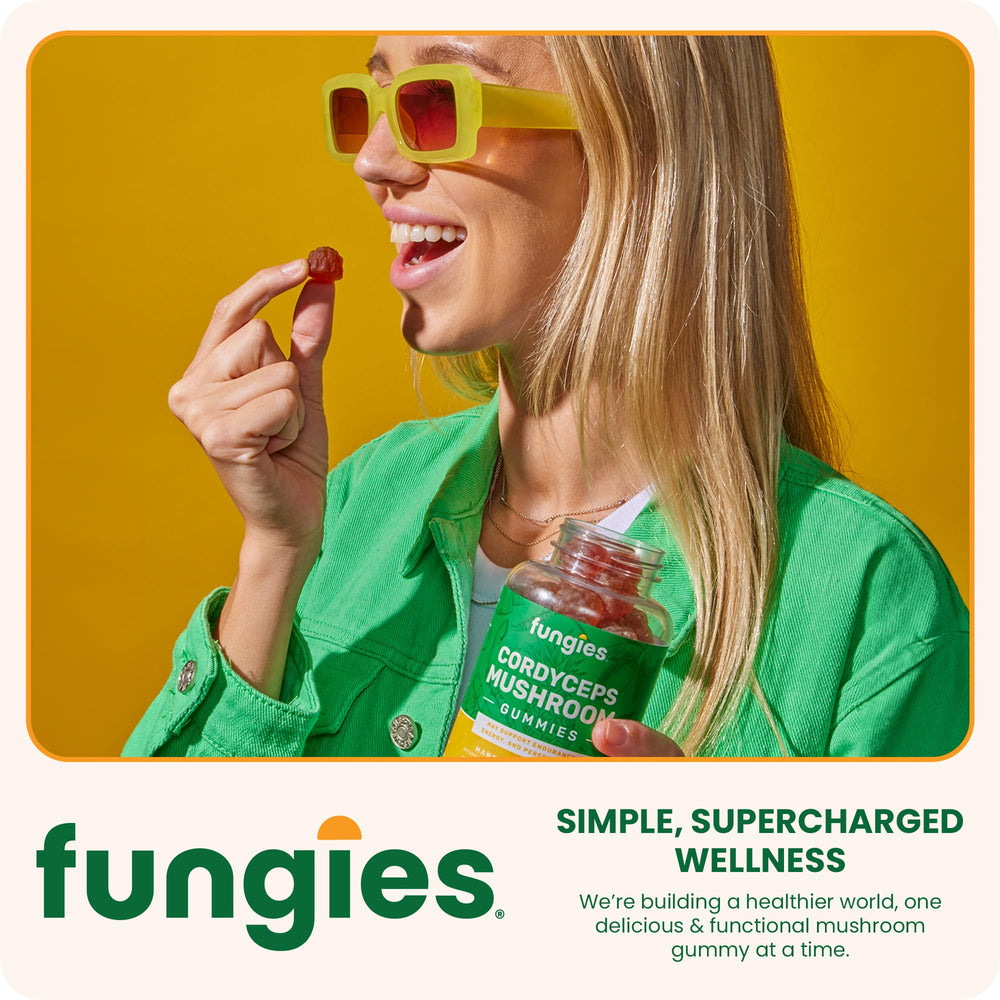 Envase Fungies abierto con gomitas visibles, facilidad de acceso diario