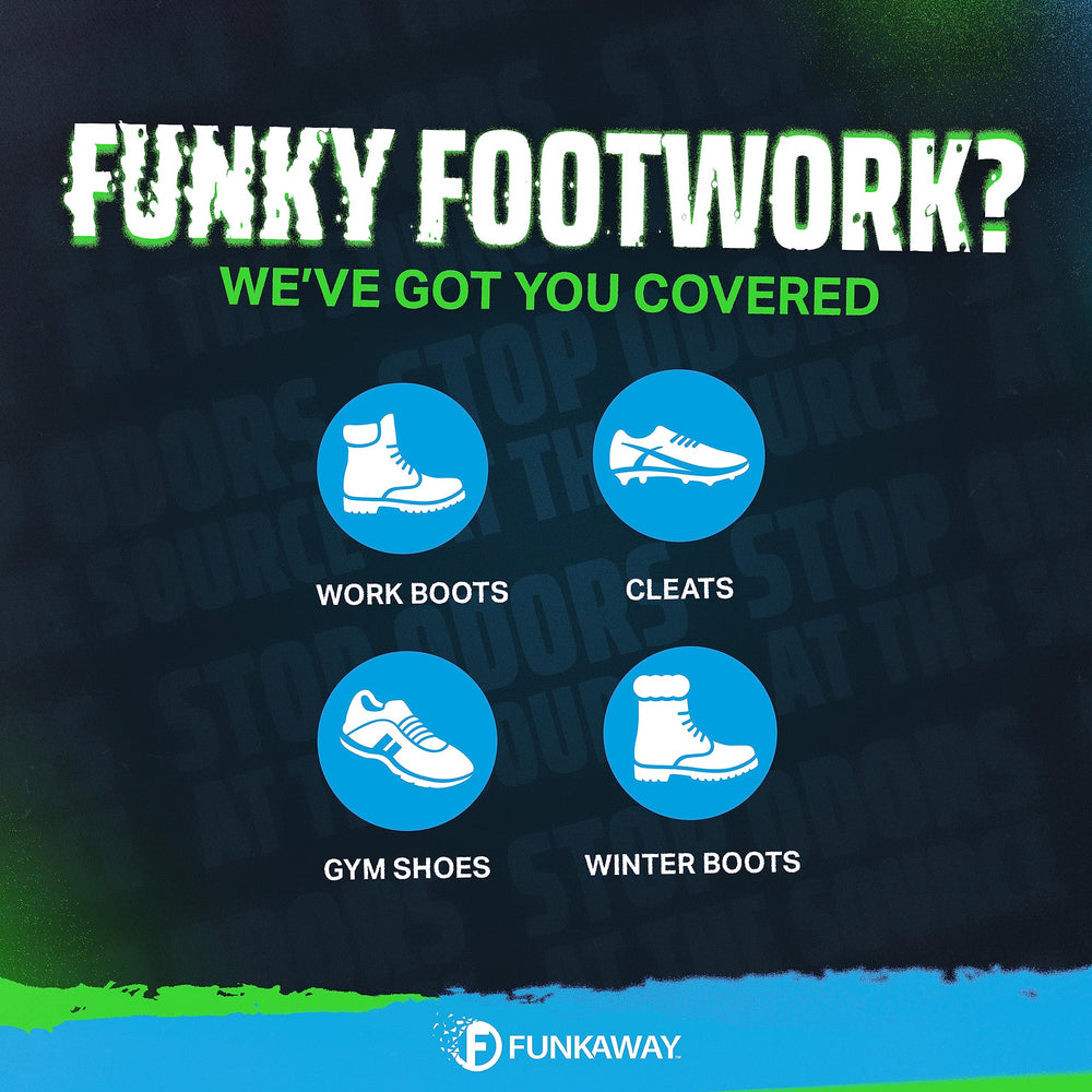 FunkAway en botas de trabajo demostrando eliminación de olor en calzado pesado