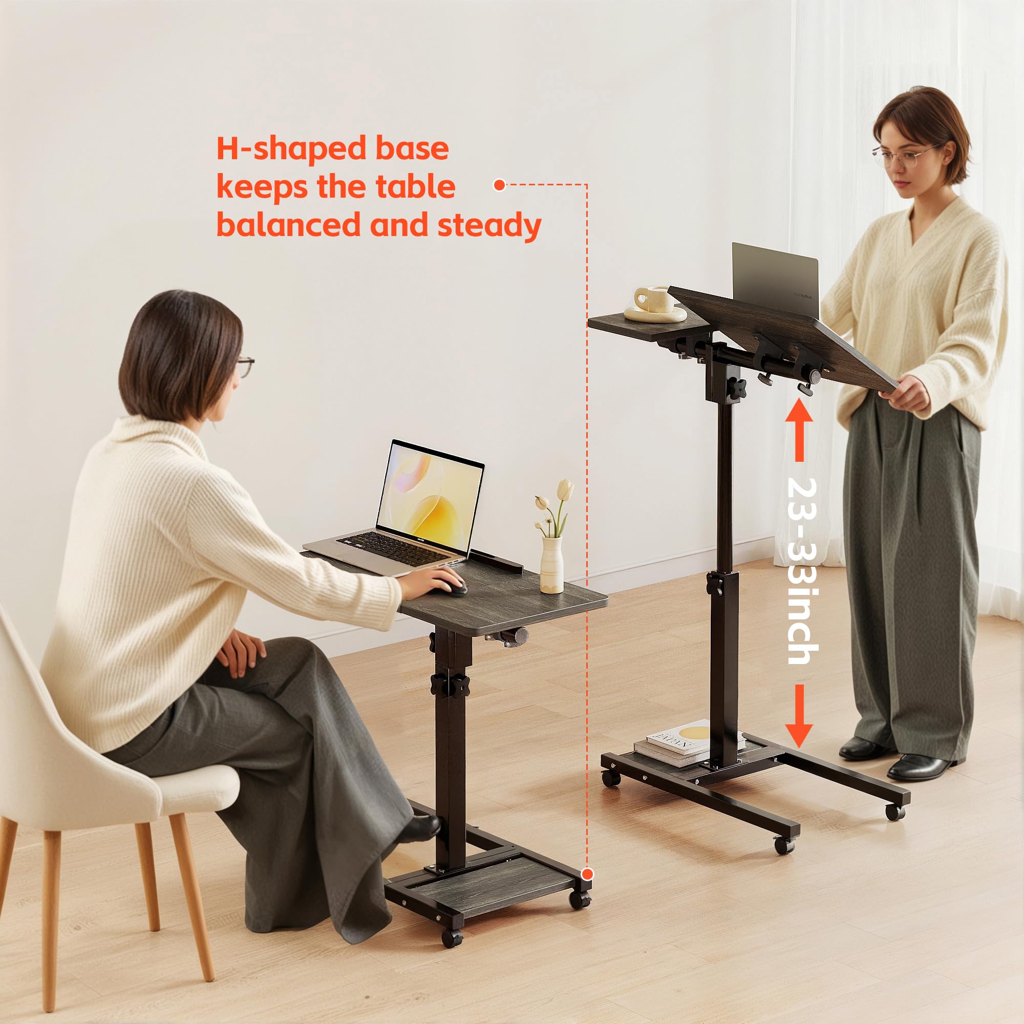 Furist mesa con portátil en uso, favorece ergonomía para trabajar sentado o de pie