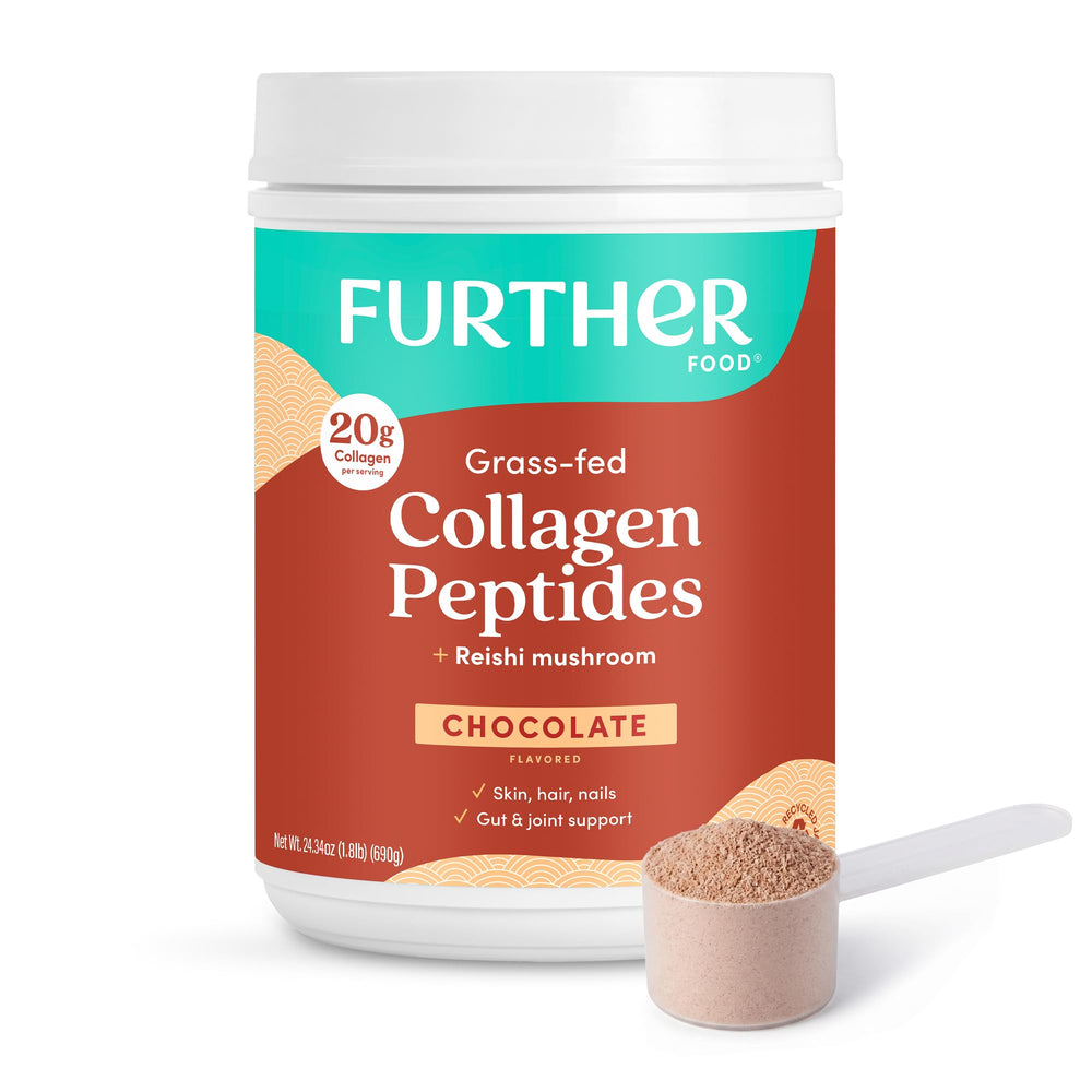 Further Food envase frontal mostrando colágeno chocolate y beneficio de 20 g por porción