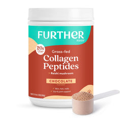 Further Food envase frontal mostrando colágeno chocolate y beneficio de 20 g por porción
