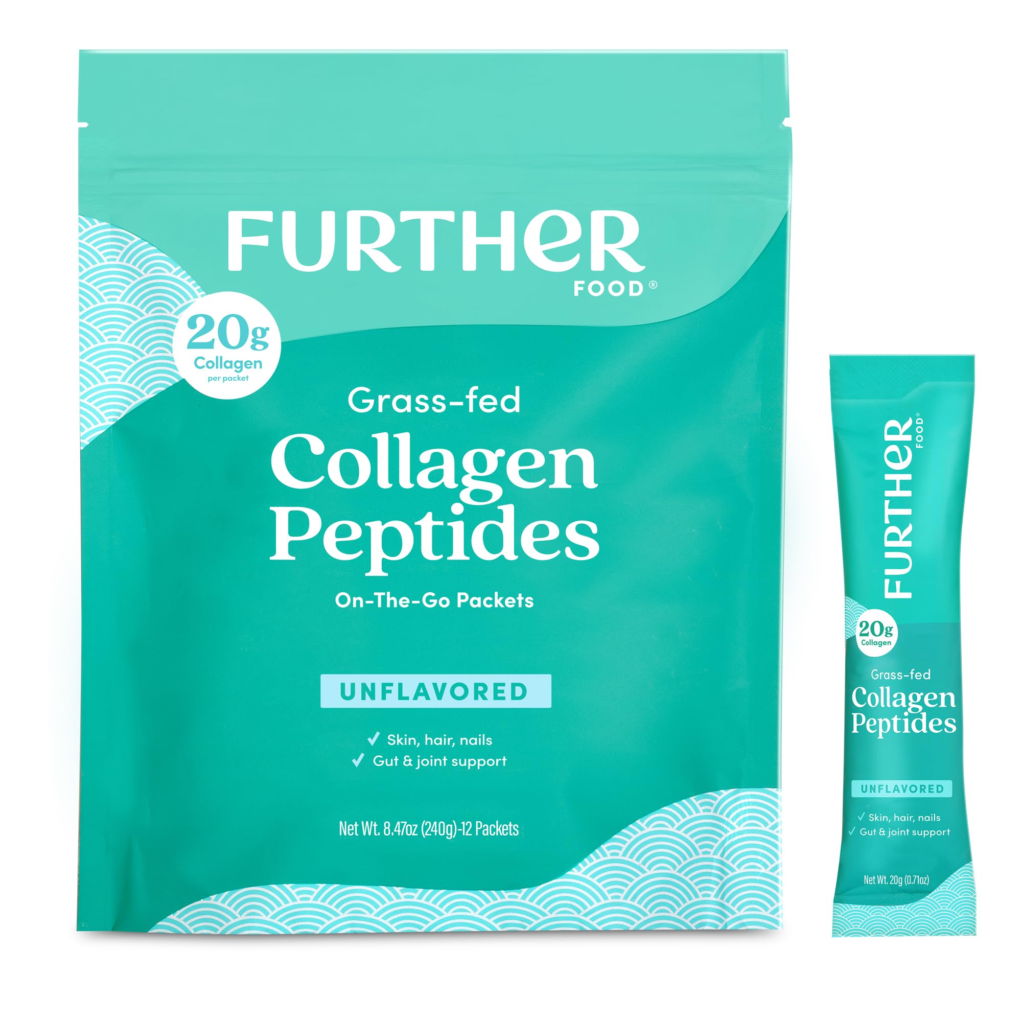 Further Food frente del empaque mostrando stick packs y conveniencia
