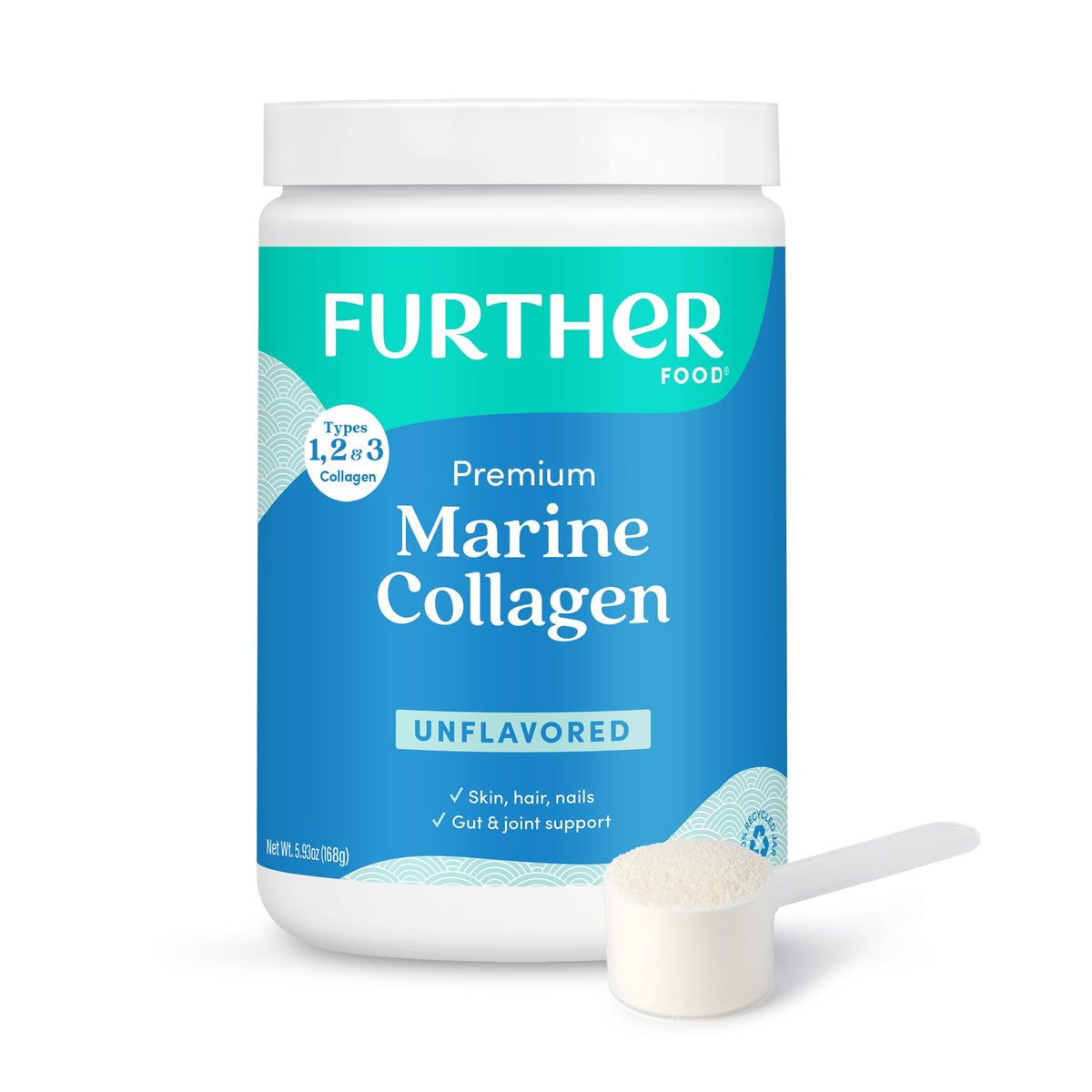 Further Food envase frontal del colágeno marino mostrando diseño y tamaño