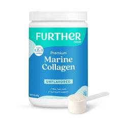 Further Food envase frontal del colágeno marino mostrando diseño y tamaño
