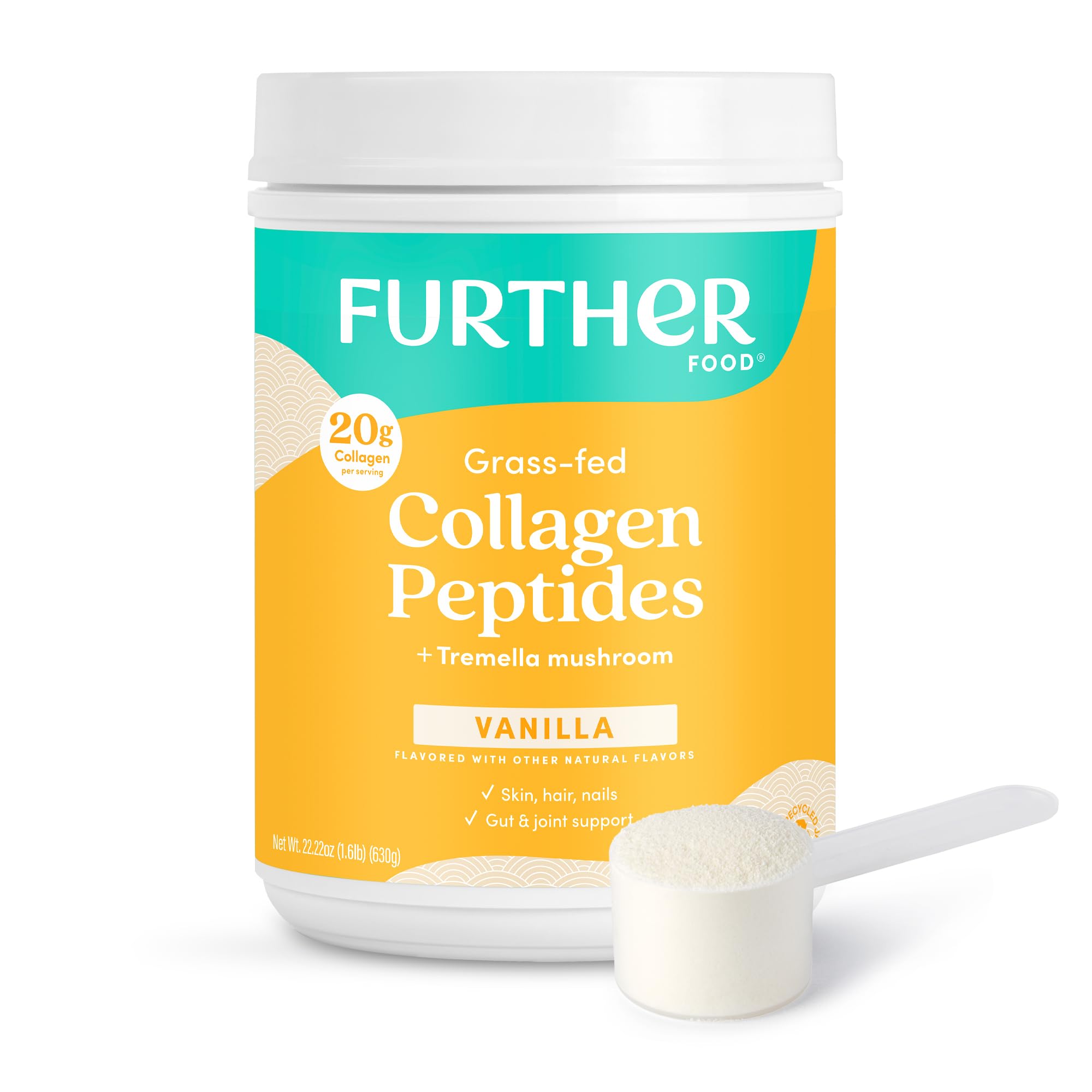 Further Food frasco frontal mostrando etiqueta y sabor vainilla, beneficio claridad del producto