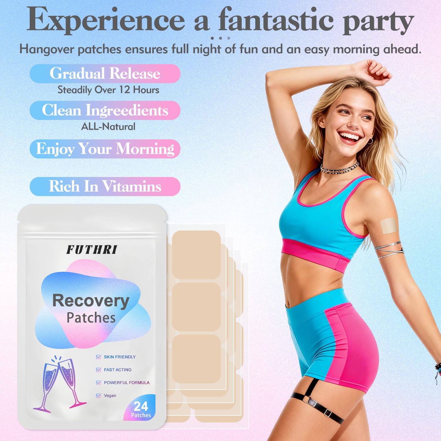 FUTHRI envase abierto con parches visibles, almacenamiento práctico