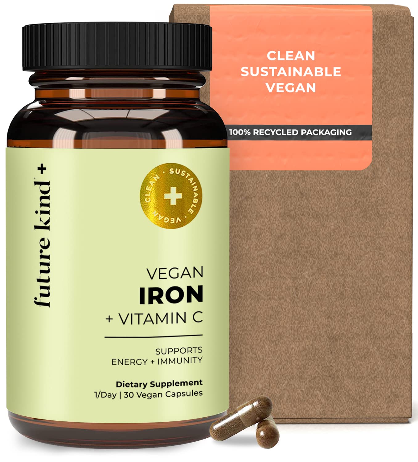 Future Kind envase frontal mostrando hierro vegano y beneficios
