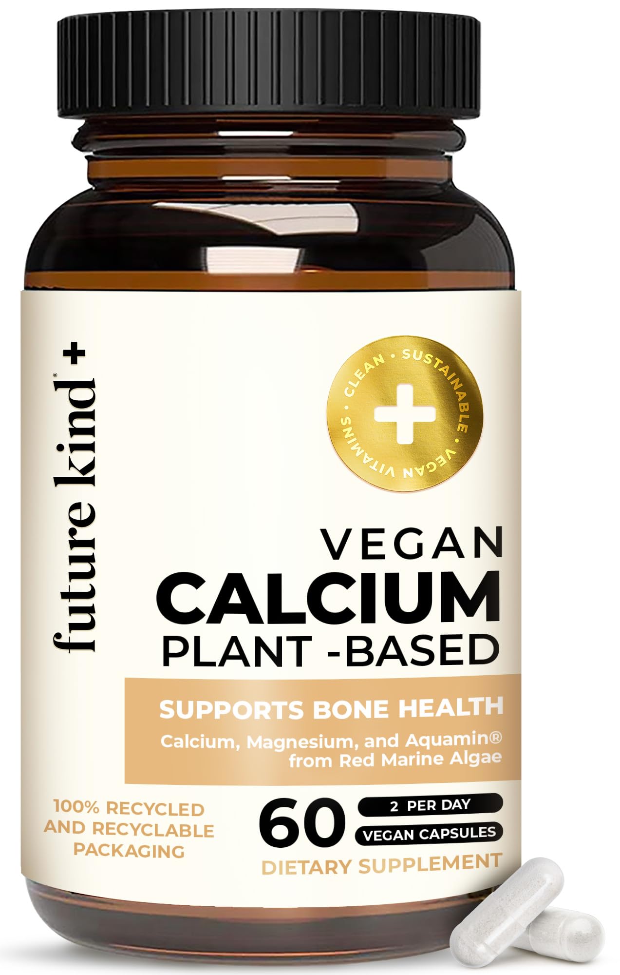 Future Kind frontal del envase mostrando calcio vegano y beneficios sostenibles