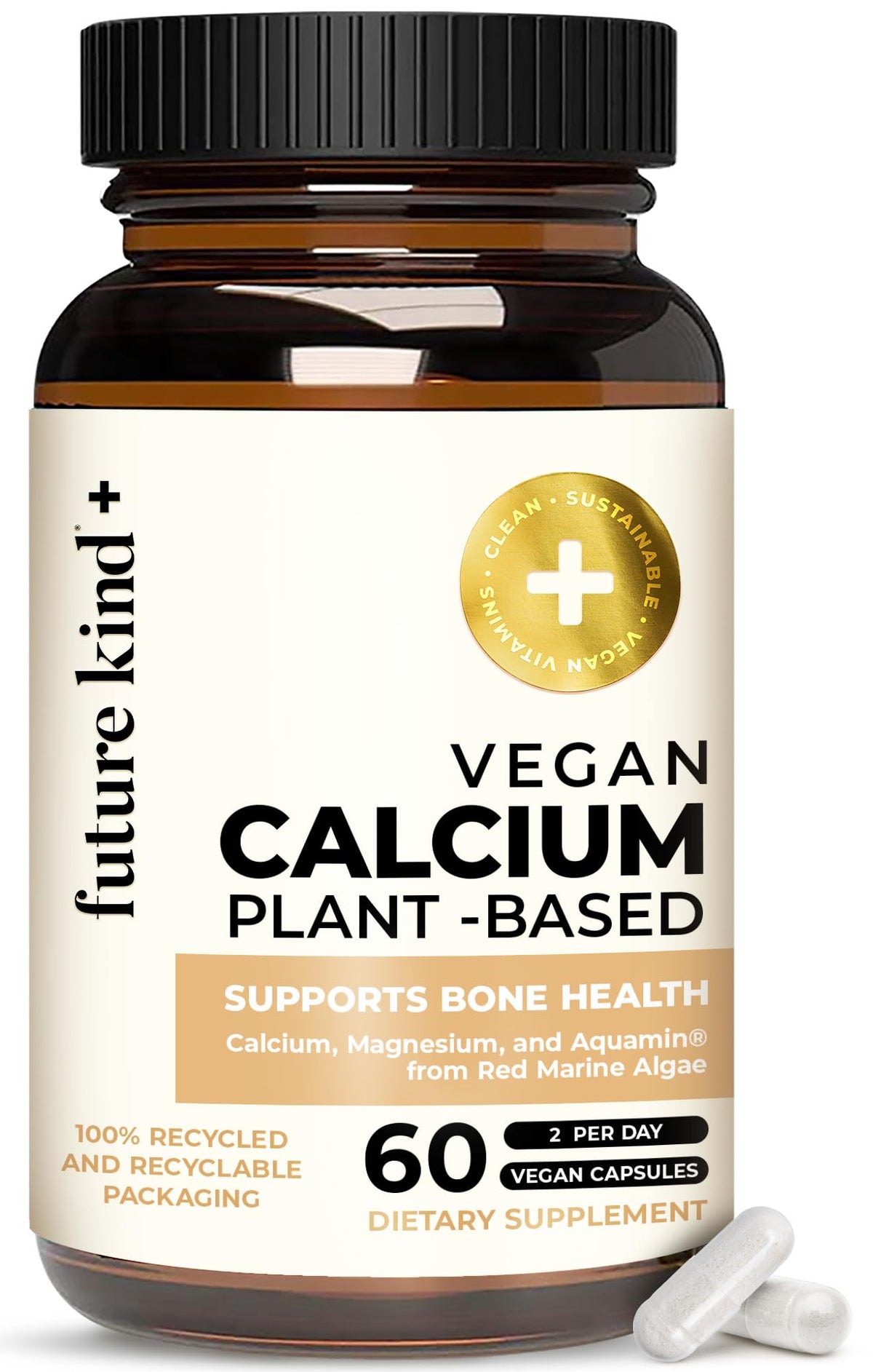 Future Kind frontal del envase mostrando calcio vegano y beneficios sostenibles
