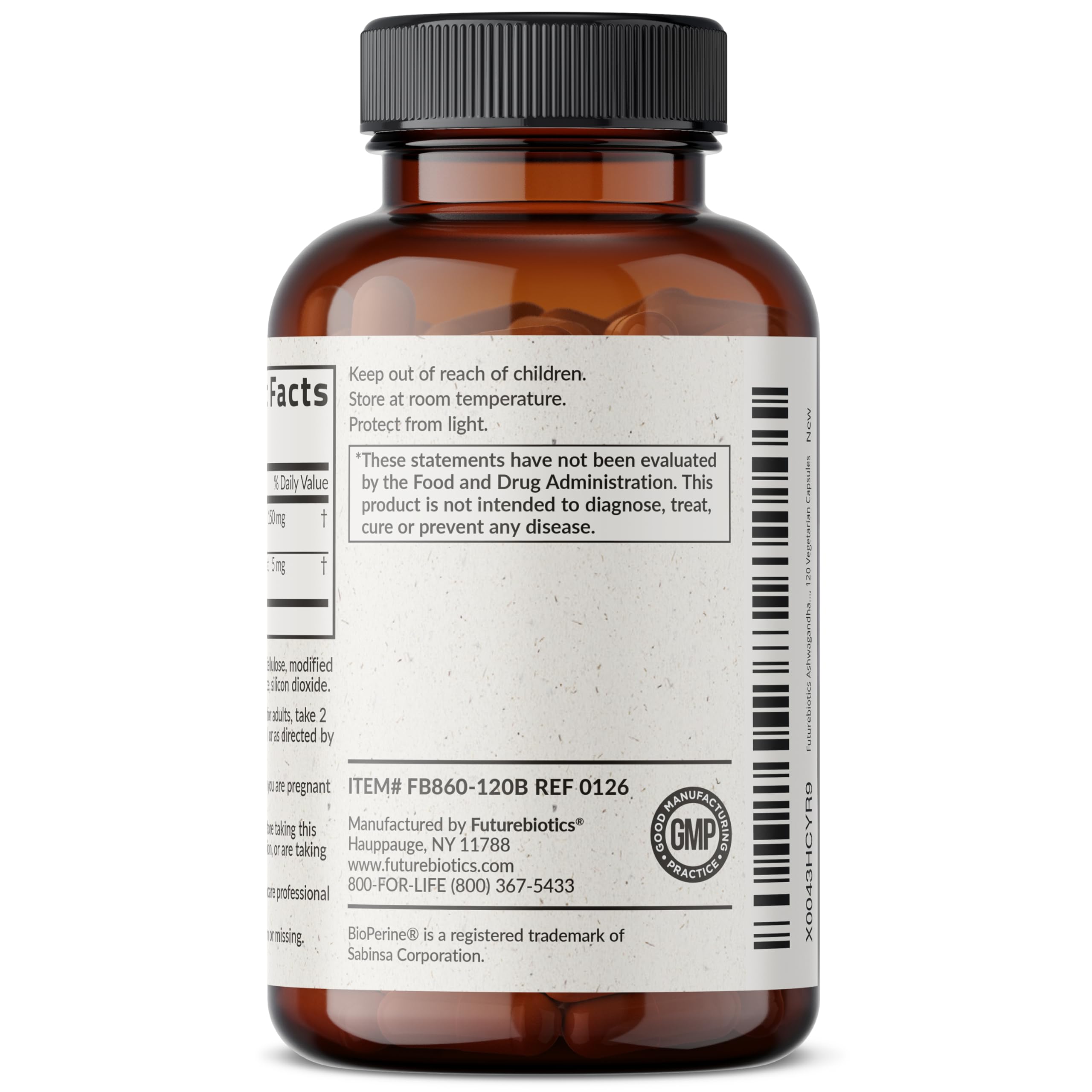 Futurebiotics enfoque en etiqueta que indica presencia de BioPerine para absorción