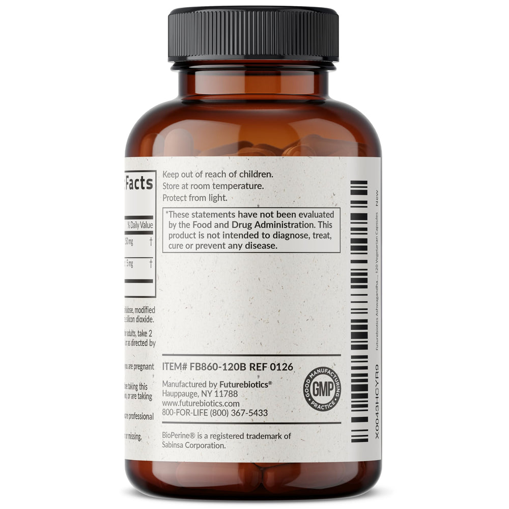Futurebiotics enfoque en etiqueta que indica presencia de BioPerine para absorción