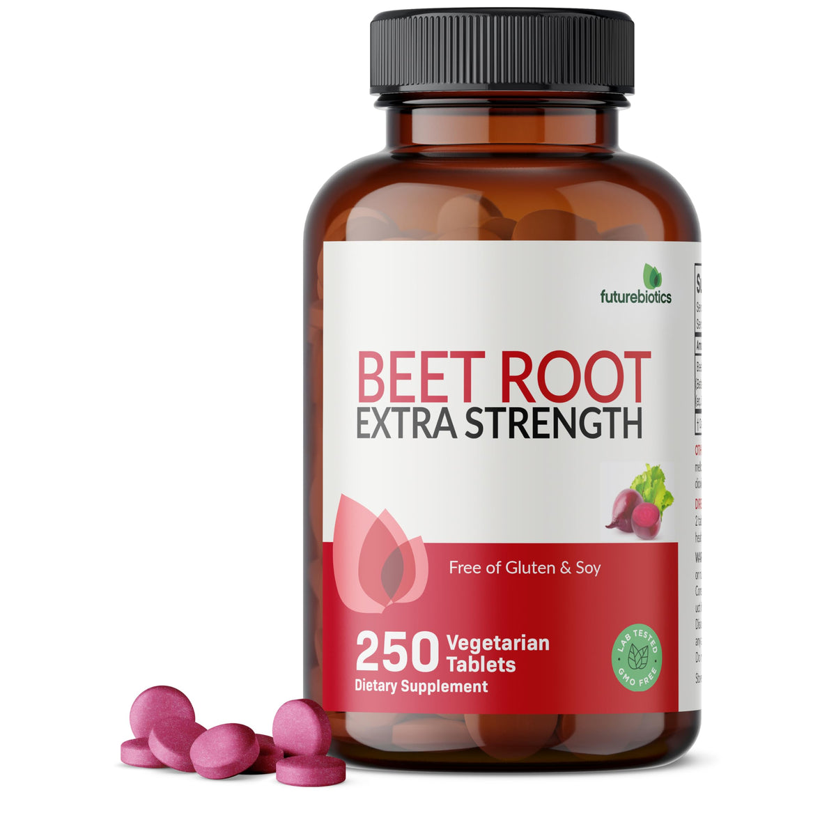 Futurebiotics Beet Root frasco frontal mostrando la etiqueta y beneficio de pureza