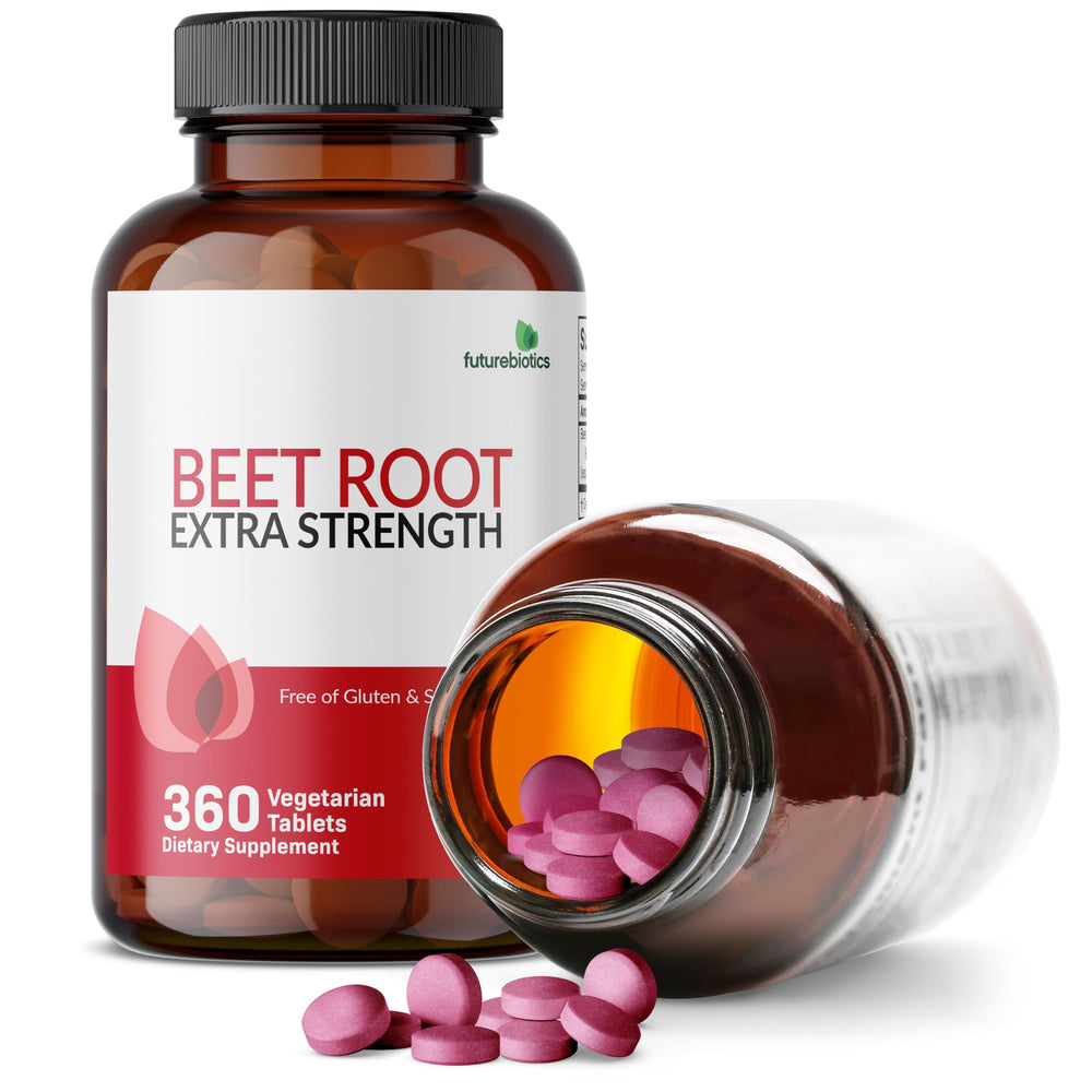 Futurebiotics frasco junto a remolachas frescas sugiriendo origen natural