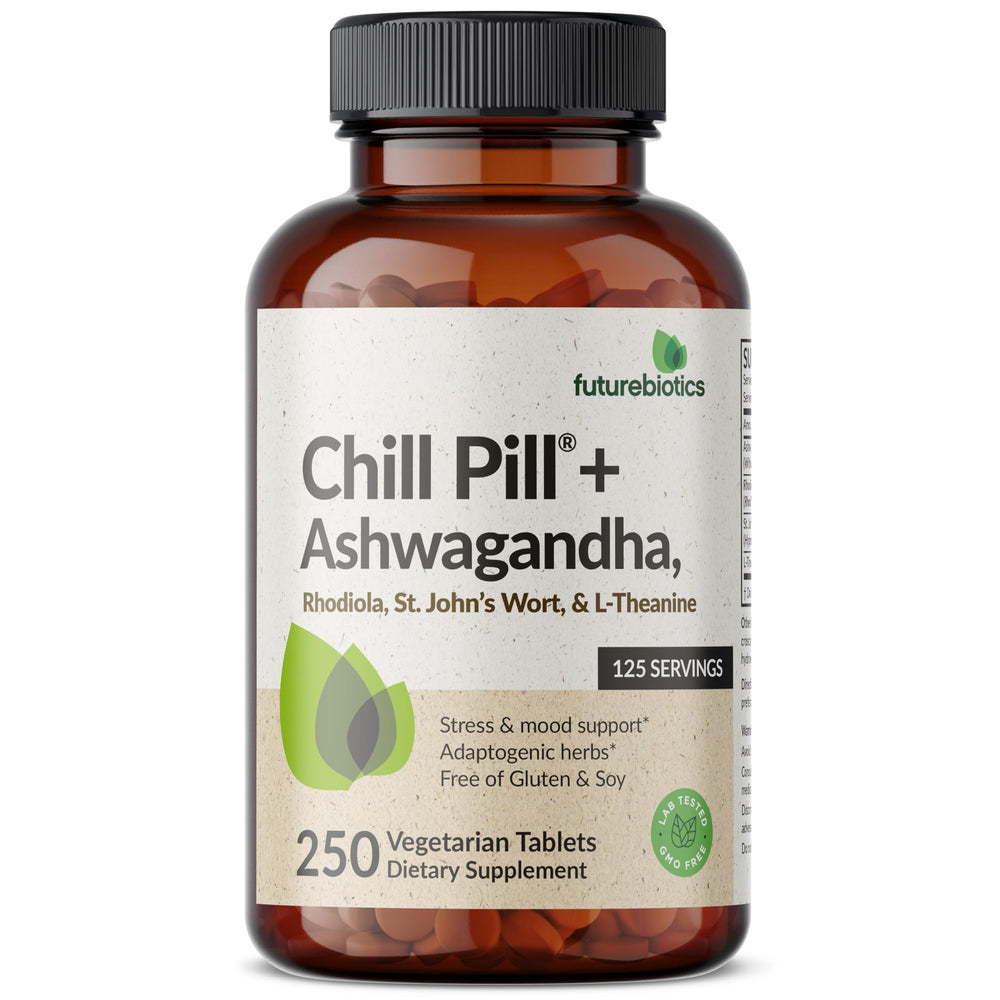 Futurebiotics Chill Pill detalle de textura de tableta, refleja calidad de formulación
