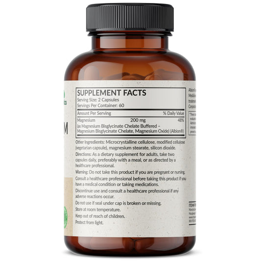 Futurebiotics etiqueta en primer plano resaltando magnesio glicinato 200 mg, información legible