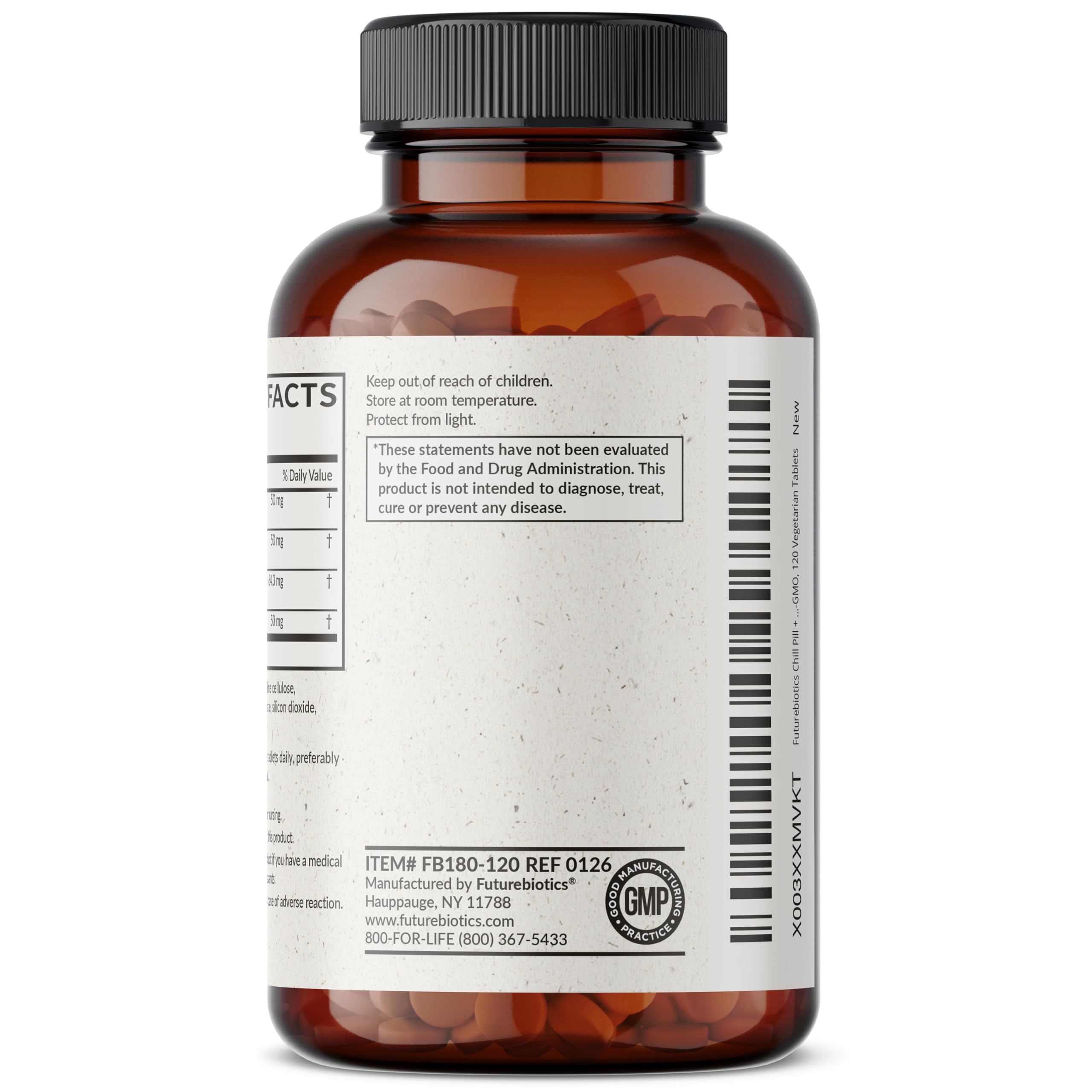 Futurebiotics etiqueta con información nutricional y garantías de calidad cGMP
