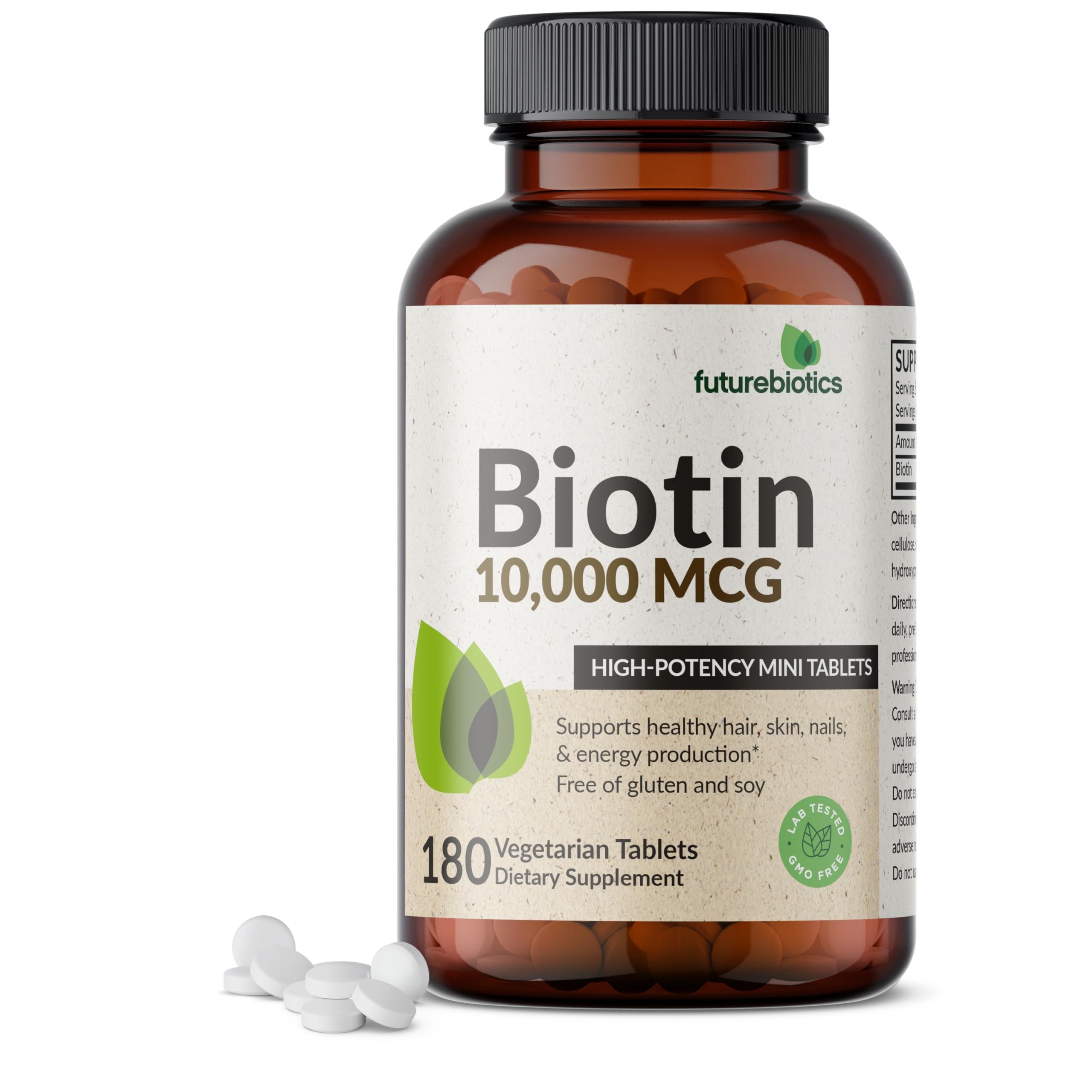 Futurebiotics frasco frontal mostrando etiqueta y cantidad, fácil identificación del producto