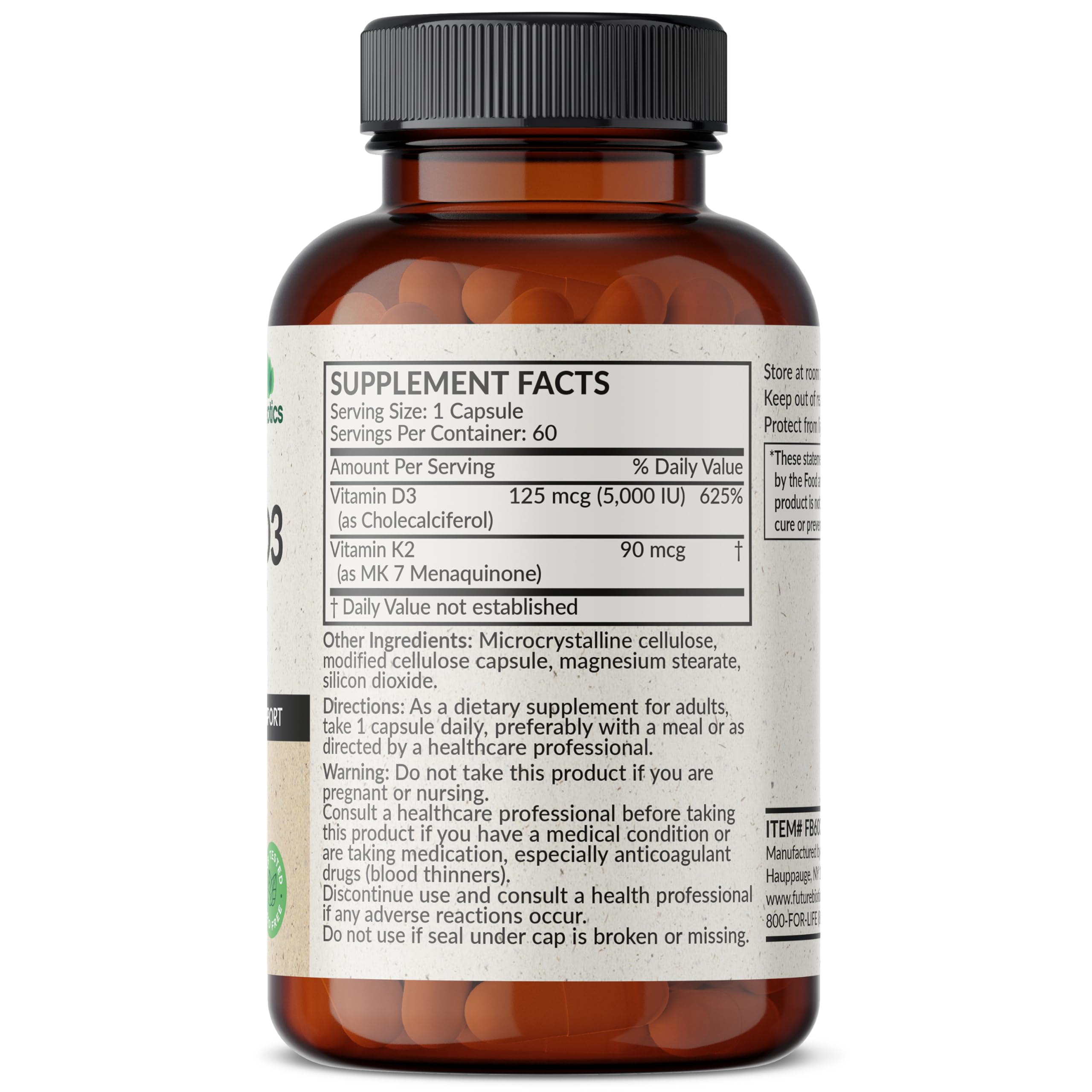 Frasco Futurebiotics K2-D3 con cápsulas para una ingesta fácil.