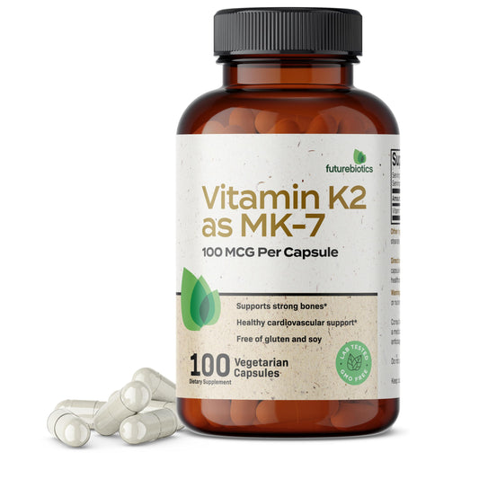 Futurebiotics vista frontal del envase K2 MK-7 con información clara y confianza