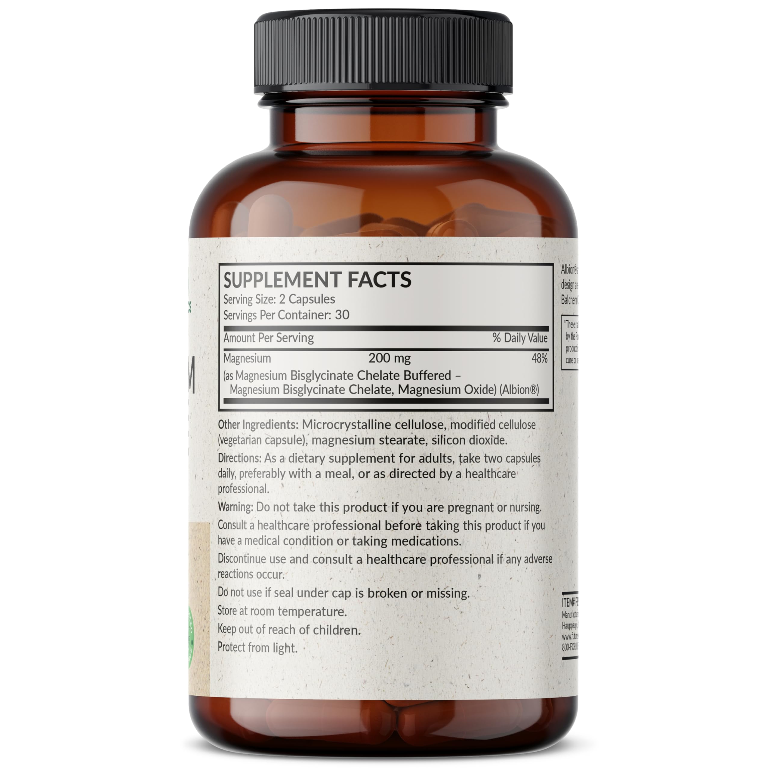Futurebiotics cápsula vegetal en primer plano, fácil de tragar y suave estómago