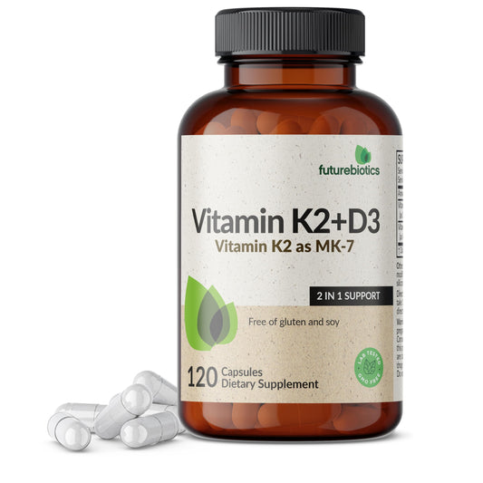 Futurebiotics Vitamin K2 D3 bottle-front view highlights non-GMO formula for daily wellness
