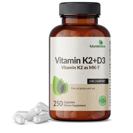 Futurebiotics Vitamina K2 MK-7 con D3: cápsulas fáciles de tragar para apoyar la salud ósea.