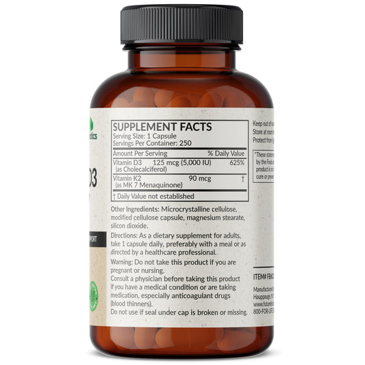 Futurebiotics Vitamina K2 MK-7 con D3: etiqueta del frasco que resalta su fórmula sin OGM.