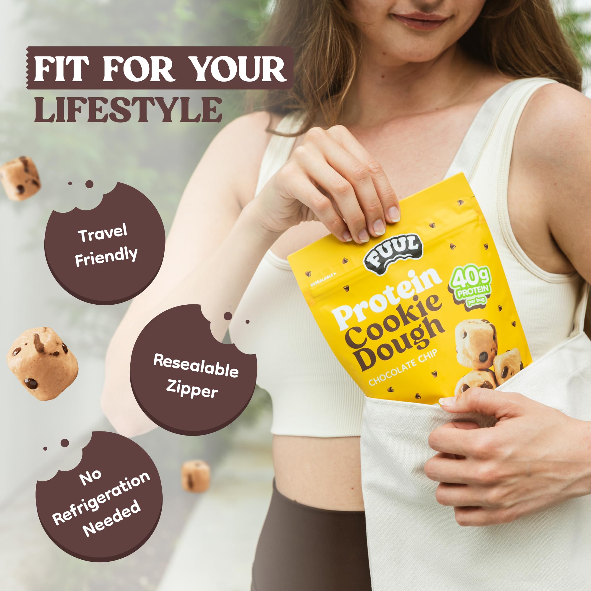 Comparación de tamaño FUUL Cookie Dough junto a una mano para referencia práctica