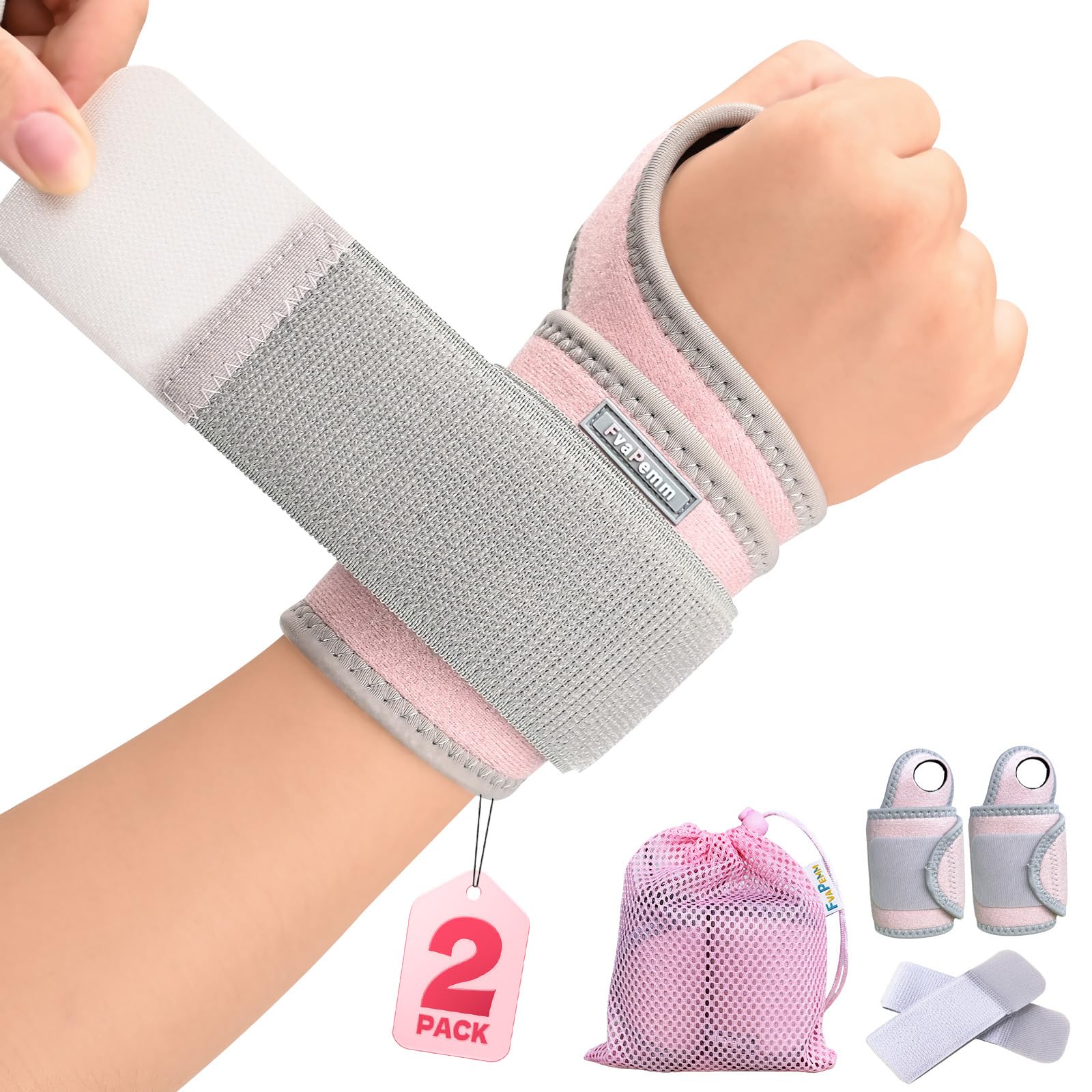 FvaPemm frontal del pack rosa mostrando ambas muñequeras y beneficios de soporte